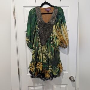 Elegant Green and Yellow Mini Dress with Black Lace And Beaded Front